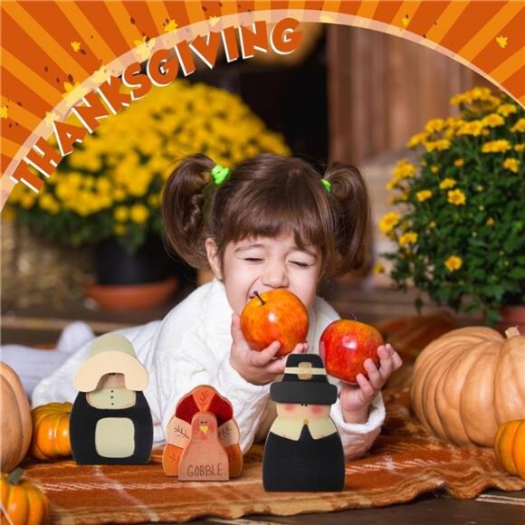 3 Pcs Fall Thanksgiving Decorations Fall Wooden Turkey Pilgrim Couple Table Sign - Picture 5 of 7